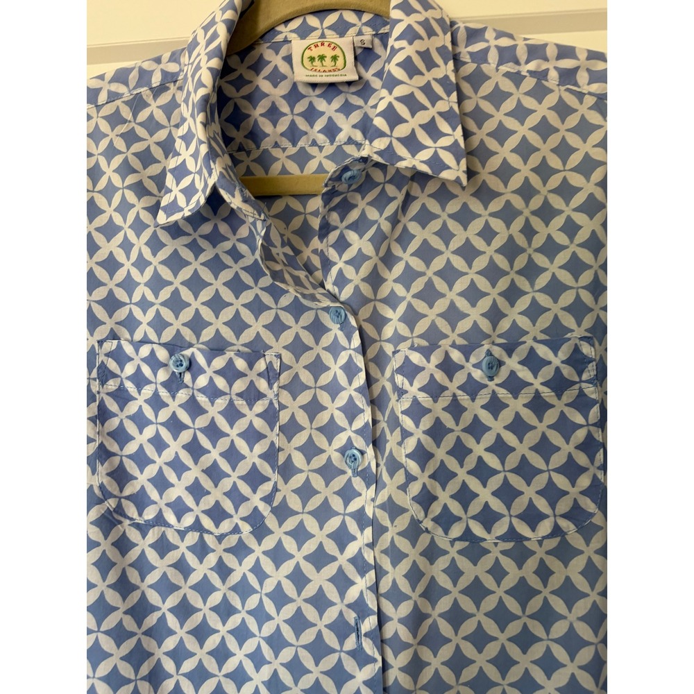Three Islands Blue White Geometric Cotton Button Down Shirt Dress Small